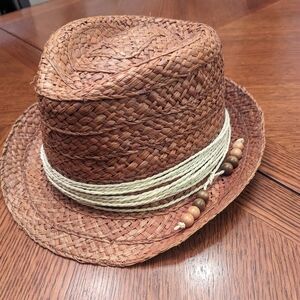 Brown straw hat with cord and bead accent